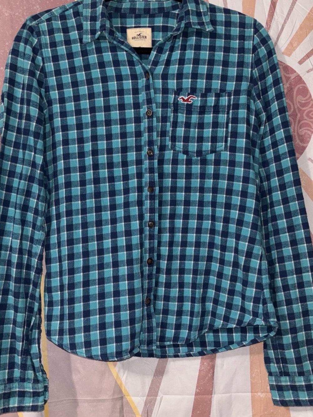 Hollister Women’s Teal and Navy Plaid Button-Down Preppy Western shirt
